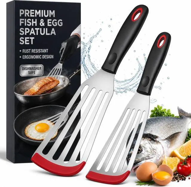 Main image of 2pcs Silicon Fish Spatula | Heat Resistant | Stainless Steel Turner with Black Handle, Silicone Edge, Thin Slotted Metal Flipper for Nonstick Cookware, Fish, Omelets, Egg, Pancake, Steak