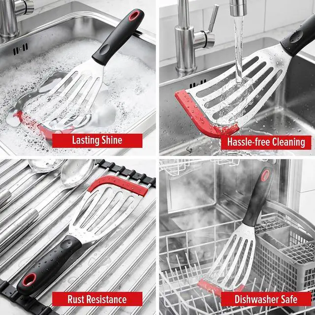 Alt view image 5 of 7 - 2pcs Silicon Fish Spatula | Heat Resistant | Stainless Steel Turner with Black Handle, Silicone Edge, Thin Slotted Metal Flipper for Nonstick Cookware, Fish, Omelets, Egg, Pancake, Steak
