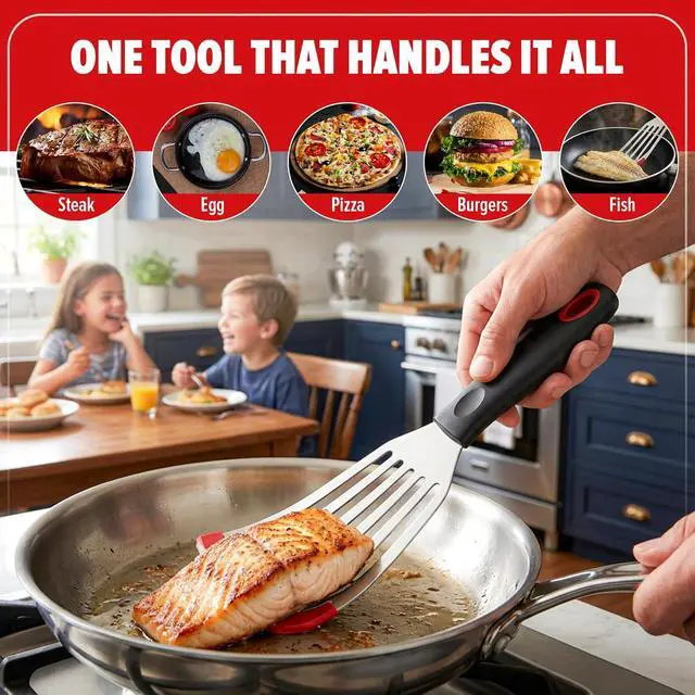 Alt view image 4 of 7 - 2pcs Silicon Fish Spatula | Heat Resistant | Stainless Steel Turner with Black Handle, Silicone Edge, Thin Slotted Metal Flipper for Nonstick Cookware, Fish, Omelets, Egg, Pancake, Steak