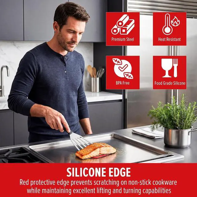 Alt view image 6 of 7 - 2pcs Silicon Fish Spatula | Heat Resistant | Stainless Steel Turner with Black Handle, Silicone Edge, Thin Slotted Metal Flipper for Nonstick Cookware, Fish, Omelets, Egg, Pancake, Steak