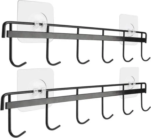 Main image of YiZhi Adhesive Wall Hooks Rack Kitchen Rail, Space Saving Utensil Holder No Drilling Wall Mounted Accessory Hanger with 6 Hooks for Kitchen Bathroom Bedroom Pack of 2 (Black)