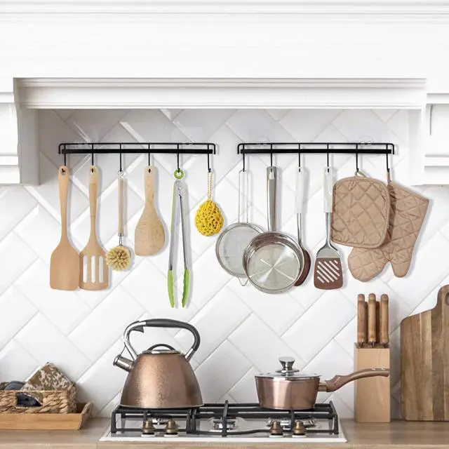 Alt view image 2 of 7 - YiZhi Adhesive Wall Hooks Rack Kitchen Rail, Space Saving Utensil Holder No Drilling Wall Mounted Accessory Hanger with 6 Hooks for Kitchen Bathroom Bedroom Pack of 2 (Black)