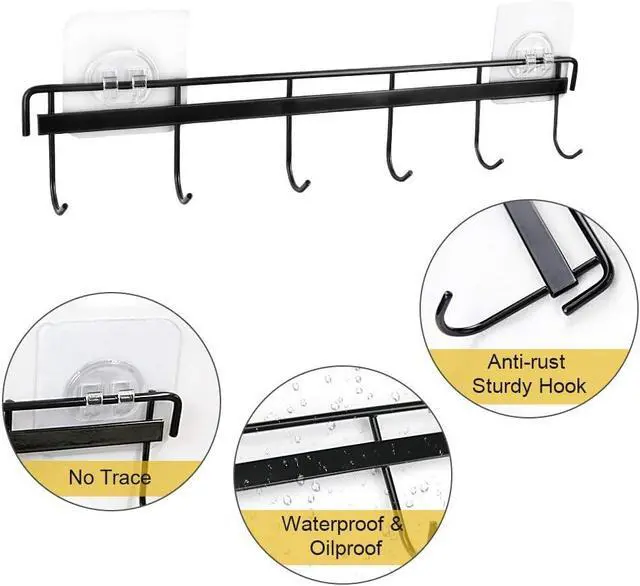 Alt view image 3 of 7 - YiZhi Adhesive Wall Hooks Rack Kitchen Rail, Space Saving Utensil Holder No Drilling Wall Mounted Accessory Hanger with 6 Hooks for Kitchen Bathroom Bedroom Pack of 2 (Black)
