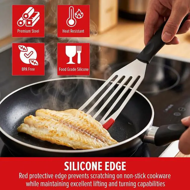 Alt view image 7 of 7 - 2pcs Silicon Fish Spatula | Heat Resistant | Stainless Steel Turner with Black Handle, Silicone Edge, Thin Slotted Metal Flipper for Nonstick Cookware, Fish, Omelets, Egg, Pancake, Steak