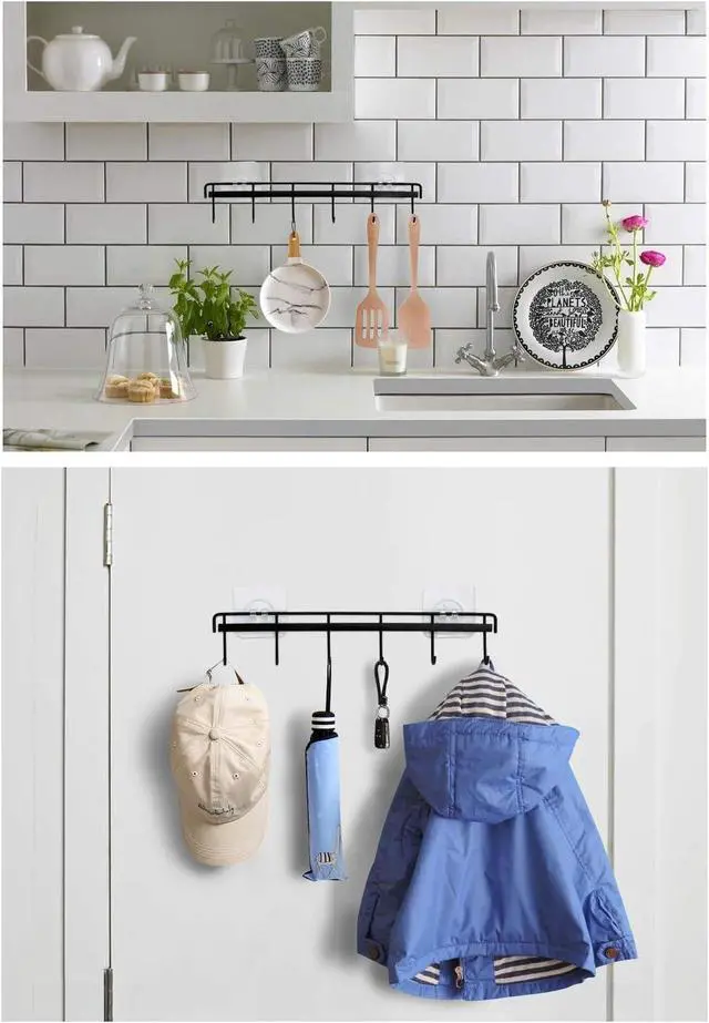 Alt view image 4 of 7 - YiZhi Adhesive Wall Hooks Rack Kitchen Rail, Space Saving Utensil Holder No Drilling Wall Mounted Accessory Hanger with 6 Hooks for Kitchen Bathroom Bedroom Pack of 2 (Black)