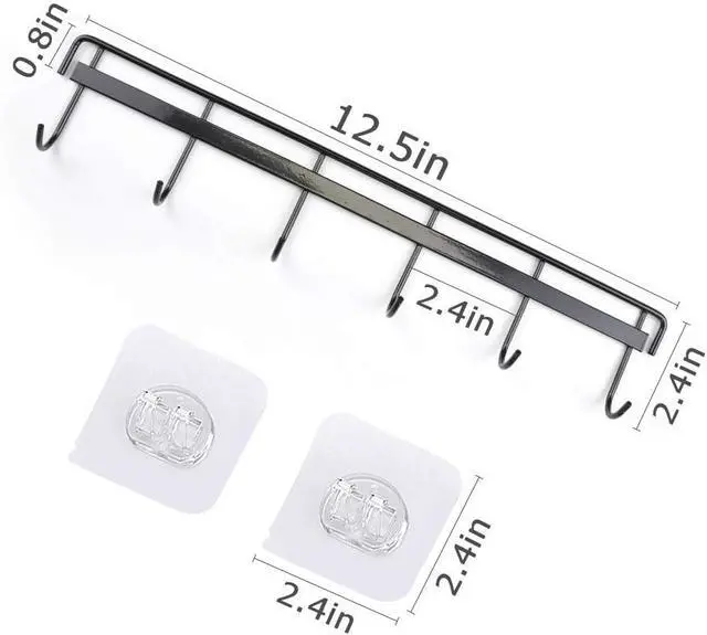 Alt view image 5 of 7 - YiZhi Adhesive Wall Hooks Rack Kitchen Rail, Space Saving Utensil Holder No Drilling Wall Mounted Accessory Hanger with 6 Hooks for Kitchen Bathroom Bedroom Pack of 2 (Black)