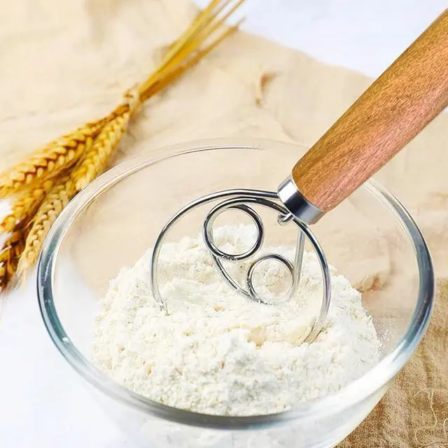 Alt view image 2 of 7 - Danish Dough Whisk - Dough Bread Whisk, Sourdough Bread Baking Supplies for Cake Bread Pizza Pastry Biscuits, Wooden Hand Stainless Steel Ring Sourdough Baking Dough Mixer(Acacia Wood)