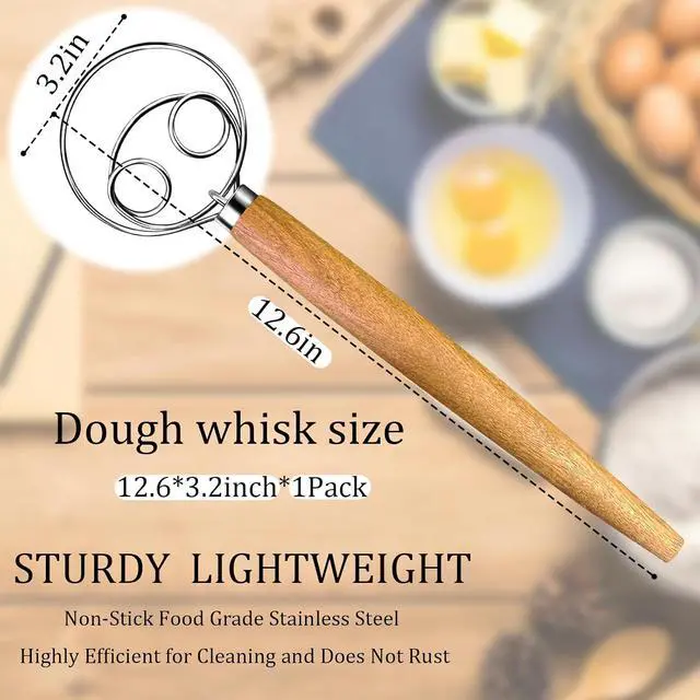 Alt view image 7 of 7 - Danish Dough Whisk - Dough Bread Whisk, Sourdough Bread Baking Supplies for Cake Bread Pizza Pastry Biscuits, Wooden Hand Stainless Steel Ring Sourdough Baking Dough Mixer(Acacia Wood)