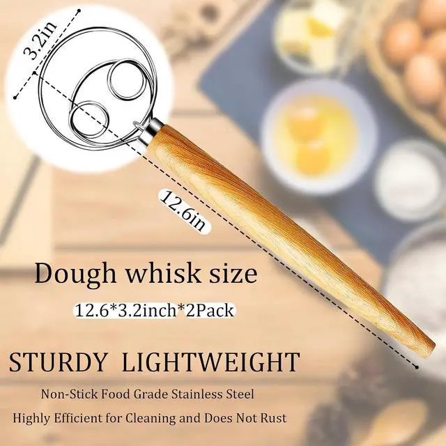Alt view image 4 of 7 - 2Pack Danish Dough Whisk - Dough Whisk/Bread Whisk Sourdough Bread Baking Supplies for Cake Bread Pizza Pastry Biscuits, Wooden Hand Stainless Steel Ring Sourdough Baking Dough Mixer