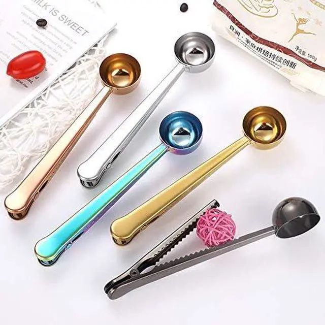 Alt view image 2 of 6 - Set of 5 Coffee Scoop Clip,2-in-1 Stainless Steel Coffee Measuring Spoon with Sealing Clips, Kitchen Craft Long Handle Spoon Bag Clip for Coffee, Milk Powder, Oatmeal, Tea,Spices -Multicolor