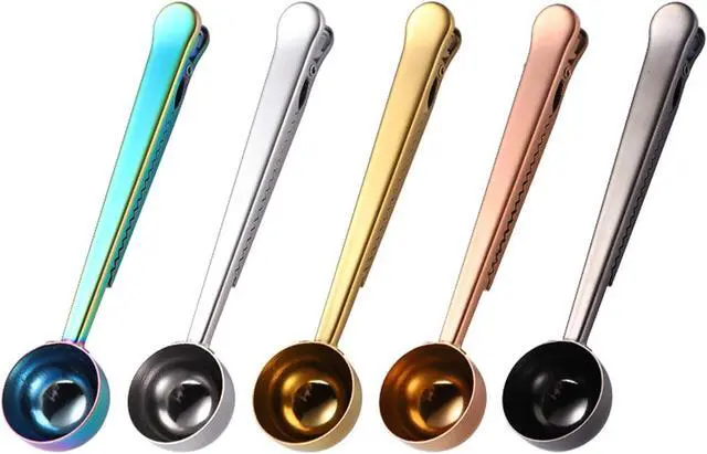 Main image of Set of 5 Coffee Scoop Clip,2-in-1 Stainless Steel Coffee Measuring Spoon with Sealing Clips, Kitchen Craft Long Handle Spoon Bag Clip for Coffee, Milk Powder, Oatmeal, Tea,Spices -Multicolor