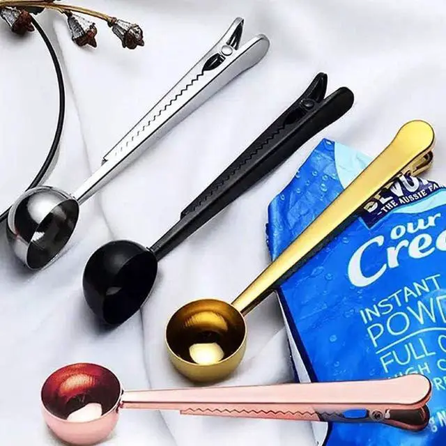 Alt view image 5 of 6 - Set of 5 Coffee Scoop Clip,2-in-1 Stainless Steel Coffee Measuring Spoon with Sealing Clips, Kitchen Craft Long Handle Spoon Bag Clip for Coffee, Milk Powder, Oatmeal, Tea,Spices -Multicolor