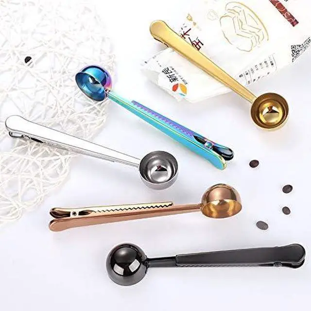 Alt view image 6 of 6 - Set of 5 Coffee Scoop Clip,2-in-1 Stainless Steel Coffee Measuring Spoon with Sealing Clips, Kitchen Craft Long Handle Spoon Bag Clip for Coffee, Milk Powder, Oatmeal, Tea,Spices -Multicolor