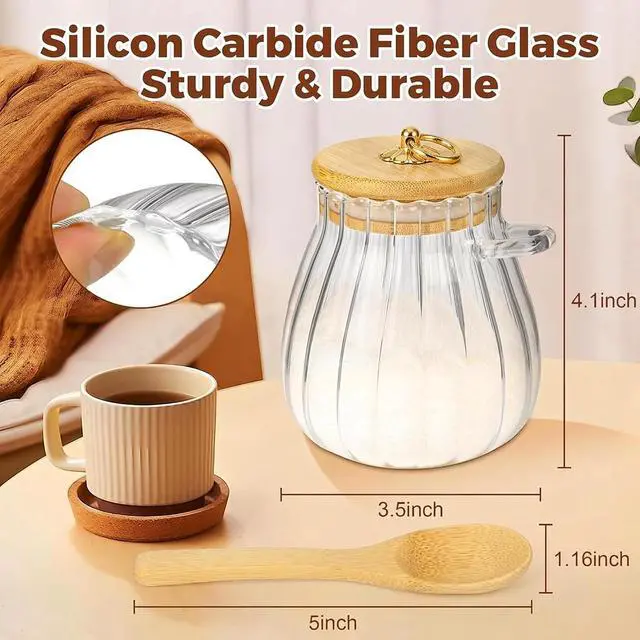 Alt view image 3 of 7 - Sugar Container with Bamboo Lid and Spoon,15 oz Sugar Bowl Glass Jar