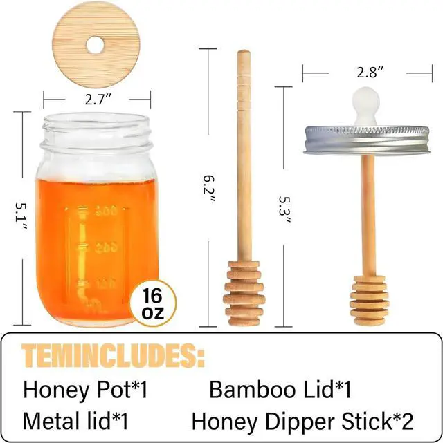 Alt view image 2 of 7 - GIVAMEIHF 16oz Glass Honey Jar with Wooden Dipper and Lid