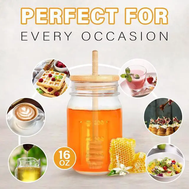 Alt view image 3 of 7 - GIVAMEIHF 16oz Glass Honey Jar with Wooden Dipper and Lid