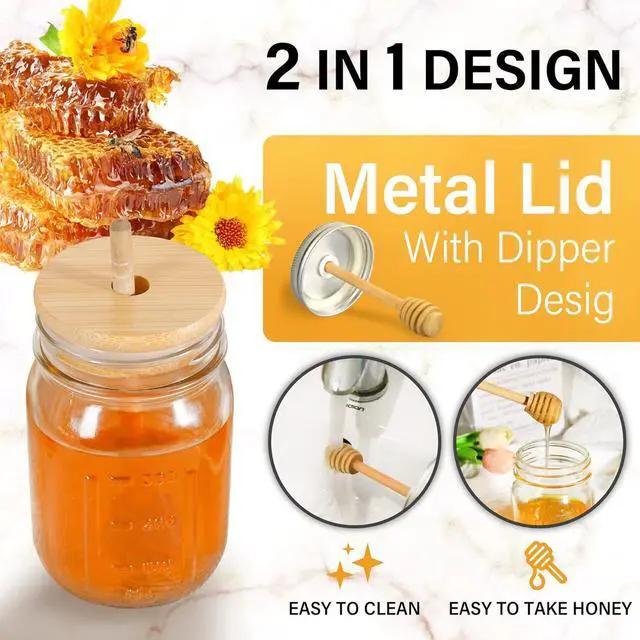 Alt view image 4 of 7 - GIVAMEIHF 16oz Glass Honey Jar with Wooden Dipper and Lid