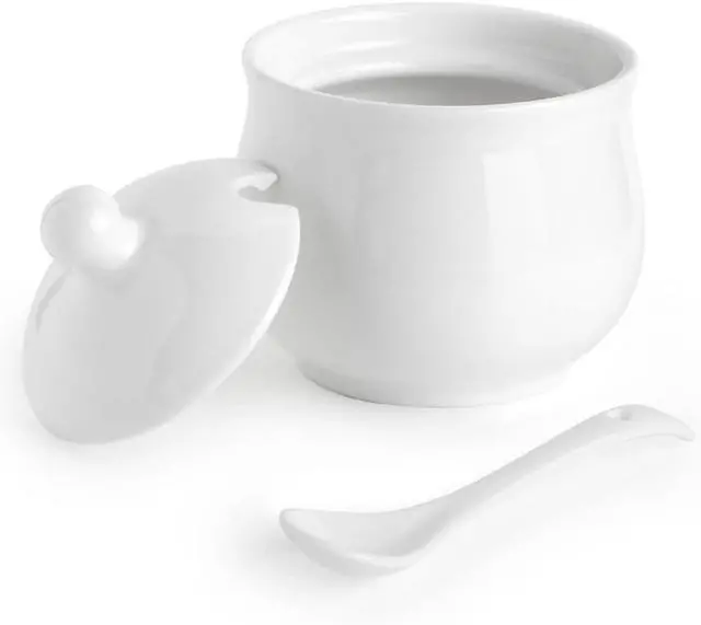 Main image of Ceramic Sugar Bowl with Lid and Spoon, Porcelain Salt Storage Jar, White Seasoning Container for Home and Kitchen, 7 Ounces (White)