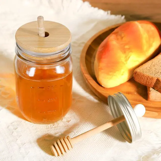 Alt view image 7 of 7 - GIVAMEIHF 16oz Glass Honey Jar with Wooden Dipper and Lid