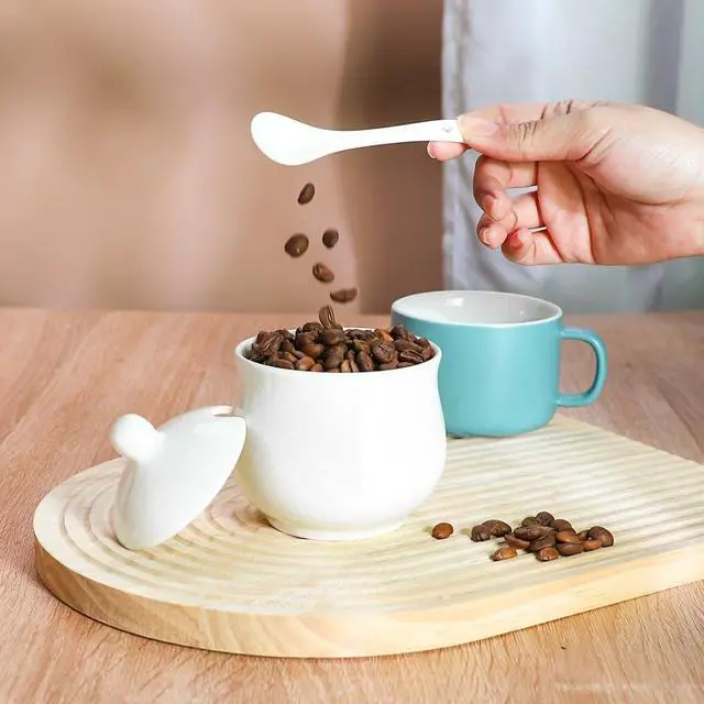 Alt view image 6 of 7 - Ceramic Sugar Bowl with Lid and Spoon, Porcelain Salt Storage Jar, White Seasoning Container for Home and Kitchen, 7 Ounces (White)