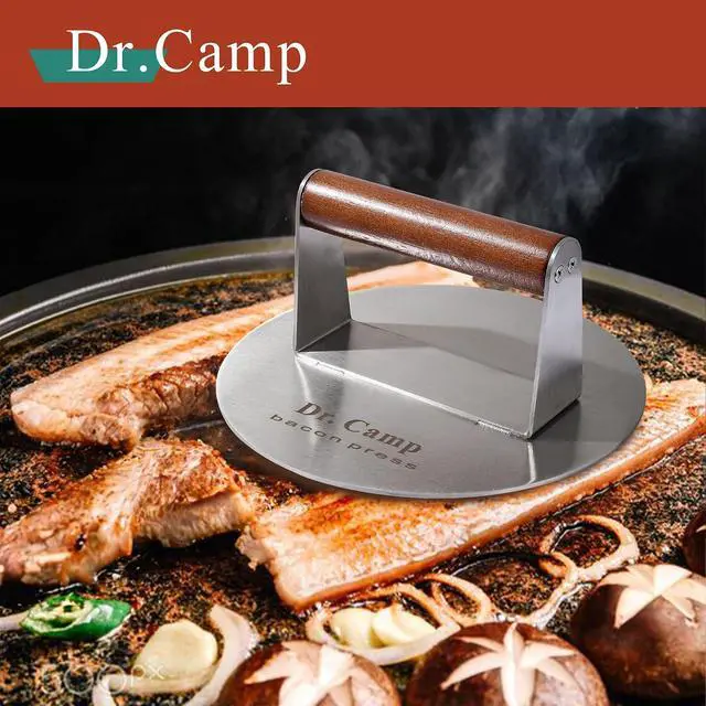 Alt view image 2 of 7 - Dr.Camp 7 Inch Stainless Steel Smash Burger Press Burger Smasher Bacon Press Meat Press for Griddle Flat Top Grill with Solid Wood Handle Smooth Bottom Heavy Duty (Round)