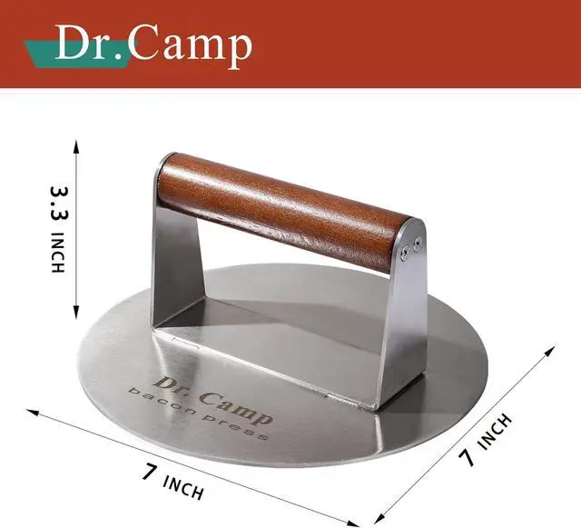 Alt view image 5 of 7 - Dr.Camp 7 Inch Stainless Steel Smash Burger Press Burger Smasher Bacon Press Meat Press for Griddle Flat Top Grill with Solid Wood Handle Smooth Bottom Heavy Duty (Round)