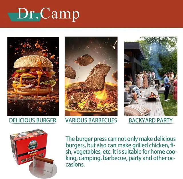 Alt view image 7 of 7 - Dr.Camp 7 Inch Stainless Steel Smash Burger Press Burger Smasher Bacon Press Meat Press for Griddle Flat Top Grill with Solid Wood Handle Smooth Bottom Heavy Duty (Round)