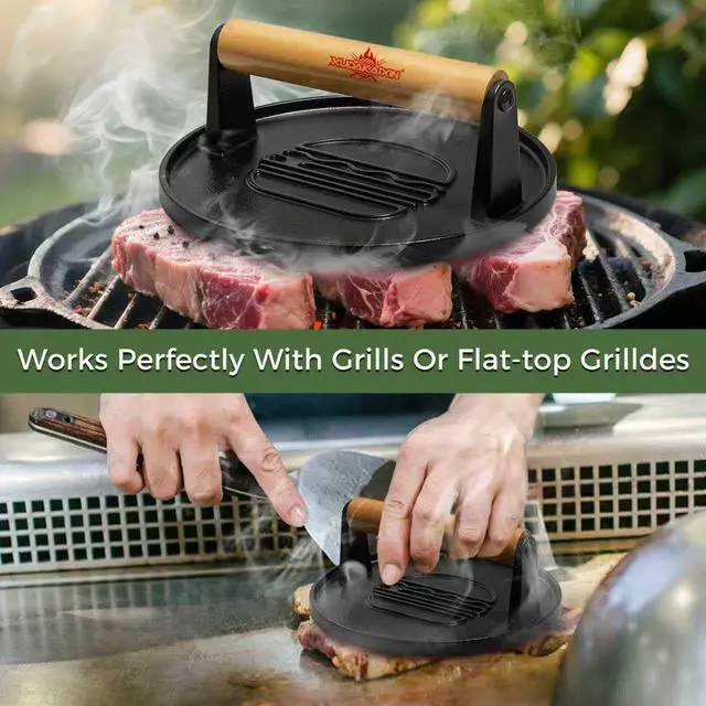 Alt view image 2 of 7 - XUDAKAIXIN Cast Iron Smash Burger Press 7.1",Grill Bacon Meat Press Tool,Perfect for Blackstone, Camp Chef, Weber Grills & Indoor Griddles BBQ & Cookout Must-Have (Grooved)