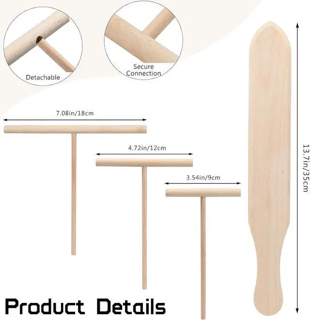 Alt view image 5 of 6 - Crepe Spreader and Spatula Set 4-Pack Natural Wood Pancake Tools with 3 T-Shaped Spreaders (3.5", 5", 7") & 13.4" Turner Fits Any Crepe Pan or Maker