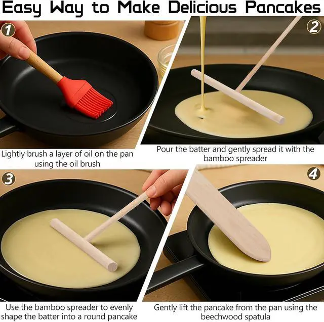 Alt view image 3 of 6 - Crepe Spreader and Spatula Set 4-Pack Natural Wood Pancake Tools with 3 T-Shaped Spreaders (3.5", 5", 7") & 13.4" Turner Fits Any Crepe Pan or Maker