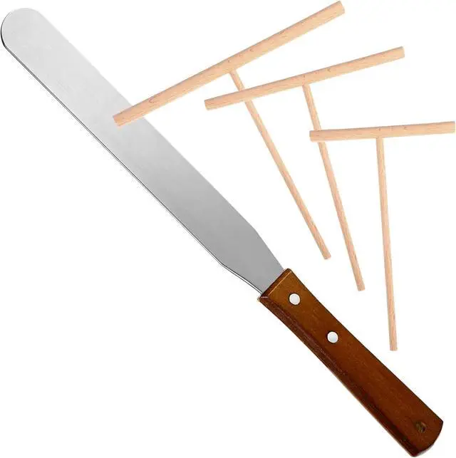 Main image of Crepe Spreader and Spatula Kit Crepe Tools Kit 1 Pcs 12.6" Stainless Steel Spatula Turner 3 Pcs 3.5" 5" 7" Wooden T-Shaped Batter Spreaders Pancake Tool for Any Size Pan Maker