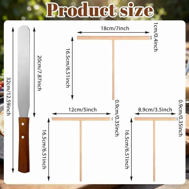 Alt view image 2 of 7 - Crepe Spreader and Spatula Kit Crepe Tools Kit 1 Pcs 12.6" Stainless Steel Spatula Turner 3 Pcs 3.5" 5" 7" Wooden T-Shaped Batter Spreaders Pancake Tool for Any Size Pan Maker