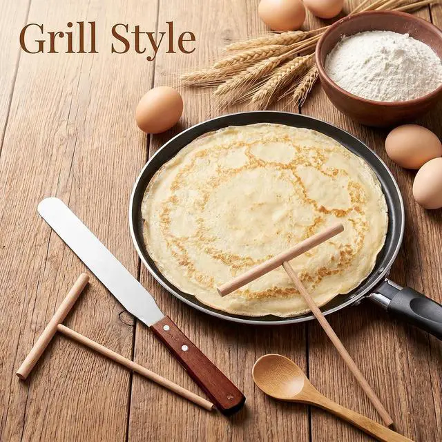 Alt view image 3 of 7 - Crepe Spreader and Spatula Kit Crepe Tools Kit 1 Pcs 12.6" Stainless Steel Spatula Turner 3 Pcs 3.5" 5" 7" Wooden T-Shaped Batter Spreaders Pancake Tool for Any Size Pan Maker
