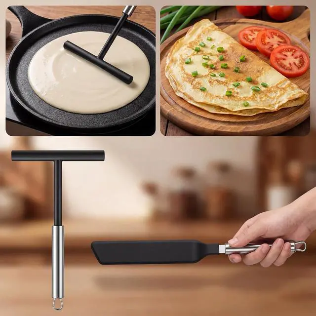 Alt view image 3 of 7 - 2 Pack Crepe Spreader and Spatula Kit Stainless Steel Crepe Spreader Tool 13.4 Inch Spatula Turner 8 Inch T-Shaped Batter Spreaders Pancake Tool Fit Crepes Pan Maker