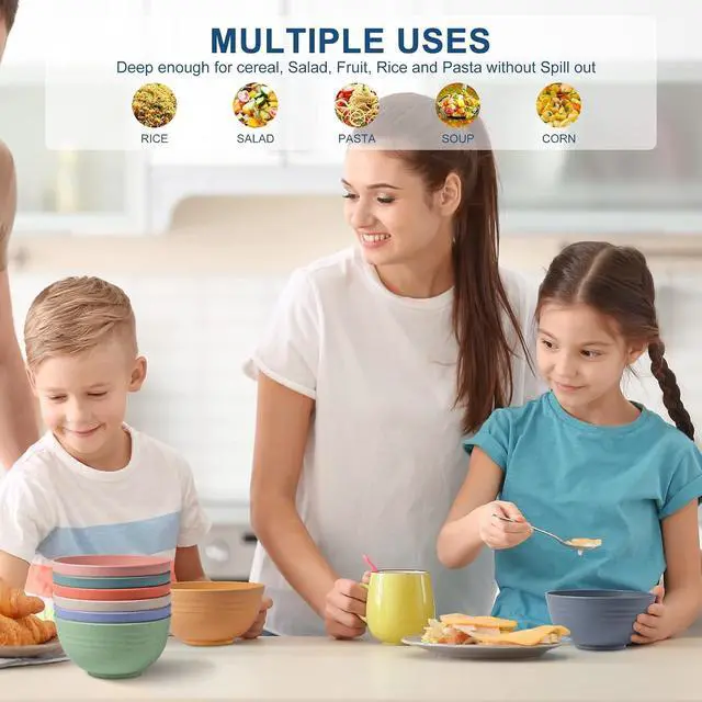 Alt view image 6 of 7 - HOTEC BPA Free Unbreakable Wheat Straw Cereal Bowls - Microwave & Dishwasher Safe Soup and Salad Bowls, Set of 8, 26oz, Multicolor