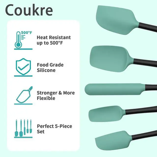 Alt view image 3 of 6 - Coukre Silicone Spatula Set of 5,High Temperature Resistant, Food Grade Silicone, Dishwasher Safe, for Baking, Cooking (Aqua Green)