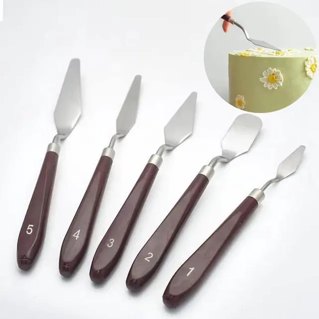 Main image of 5 Pieces Set Cake Cream Spatulas, Stainless Steel Cake Decorating Knife, Angled Icing & Decorating Spatula with Stainless Steel Spatula + Wood Handle, Mixing Scraper, Baking Pastry Tool