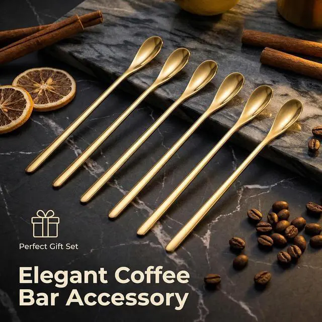 Alt view image 7 of 7 - Gold Coffee Stirring Spoons, 7.5 in Stainless Steel, Set of 6