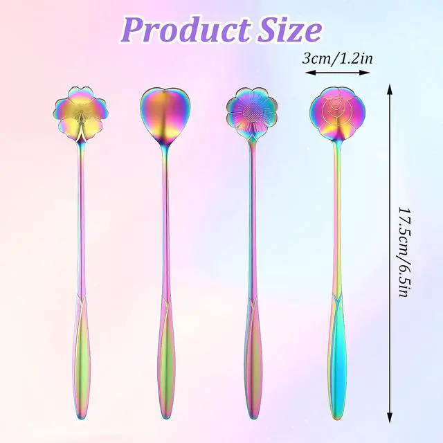 Alt view image 2 of 7 - Flower Spoon Set Rainbow Stainless Steel Reusable Long Spoons Cute Spoons for Coffee Mixing Ice Cream Spoon Drink Mixing (4Pcs)