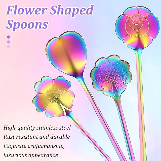Alt view image 3 of 7 - Flower Spoon Set Rainbow Stainless Steel Reusable Long Spoons Cute Spoons for Coffee Mixing Ice Cream Spoon Drink Mixing (4Pcs)