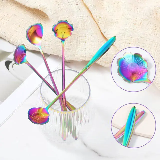 Alt view image 4 of 7 - Flower Spoon Set Rainbow Stainless Steel Reusable Long Spoons Cute Spoons for Coffee Mixing Ice Cream Spoon Drink Mixing (4Pcs)