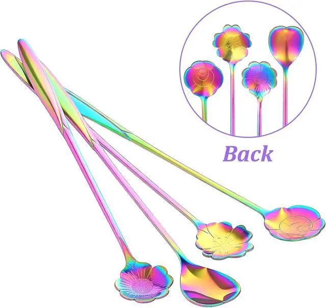 Alt view image 6 of 7 - Flower Spoon Set Rainbow Stainless Steel Reusable Long Spoons Cute Spoons for Coffee Mixing Ice Cream Spoon Drink Mixing (4Pcs)