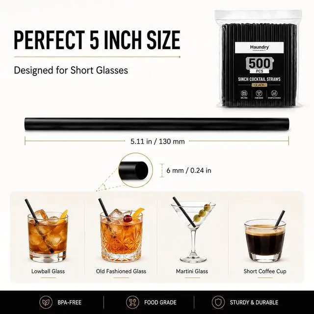Alt view image 2 of 7 - Haundry 500 Count 5" Black Short Cocktail Straws, 6mm Disposable Plastic Stir Sticks for Lowball Glasses, Whiskey, Margarita, Iced Coffee, Bars & Parties