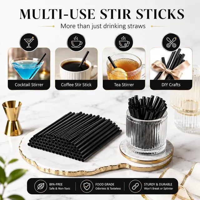 Alt view image 4 of 7 - Haundry 500 Count 5" Black Short Cocktail Straws, 6mm Disposable Plastic Stir Sticks for Lowball Glasses, Whiskey, Margarita, Iced Coffee, Bars & Parties