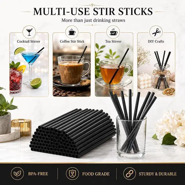 Alt view image 6 of 7 - Haundry 500 Count 5" Black Short Cocktail Straws, 6mm Disposable Plastic Stir Sticks for Lowball Glasses, Whiskey, Margarita, Iced Coffee, Bars & Parties
