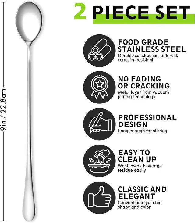 Alt view image 2 of 7 - 9" Ice Cream Spoons Long Handle Iced Tea Spoons Thicken Heavy Duty 2Pcs