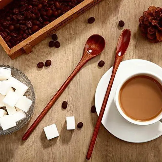 Alt view image 3 of 6 - Patelai 10 Pieces Wooden Coffee Spoons Long Handle Mixing Wooden Spoon Handmade Stirring Teaspoon for Kitchen Stirring