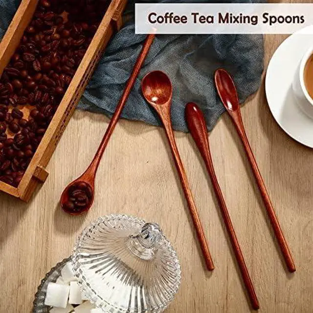 Alt view image 2 of 6 - Patelai 10 Pieces Wooden Coffee Spoons Long Handle Mixing Wooden Spoon Handmade Stirring Teaspoon for Kitchen Stirring