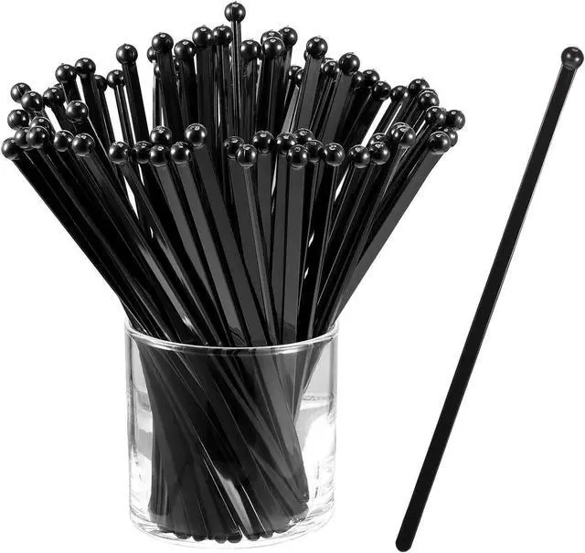 Main image of 100 Pieces Ball Head Stirrer Disposible Plastic Round Top Crystal Swizzle Sticks, Crystal Cake Pops, Cocktail Coffee Drink Stirrers, Black