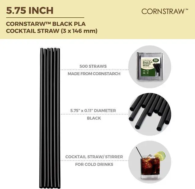 Alt view image 3 of 7 - 5 inch Black PLA Short Cocktail Straws & Coffee Stirrers,Plastic-Free,500PK